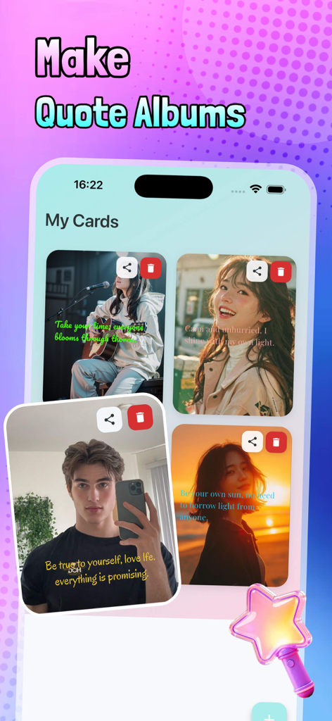 User interface of the Nexli app showing a gallery of personalized motivational quote cards and albums.