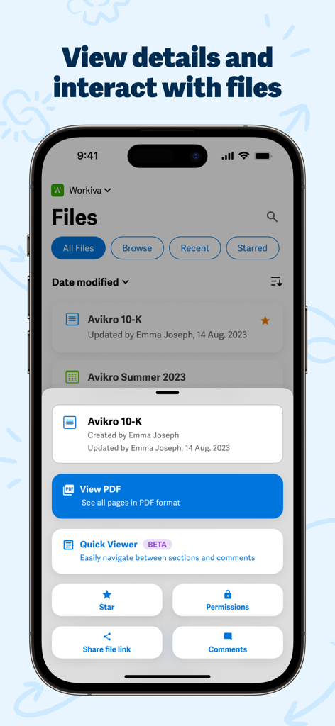 Workiva - Interfaccia dell'app mobile Workiva che mostra dettagli del file e opzioni per un report SEC 10-K