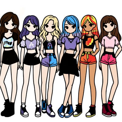a group of girls wearing crop tops and shorts