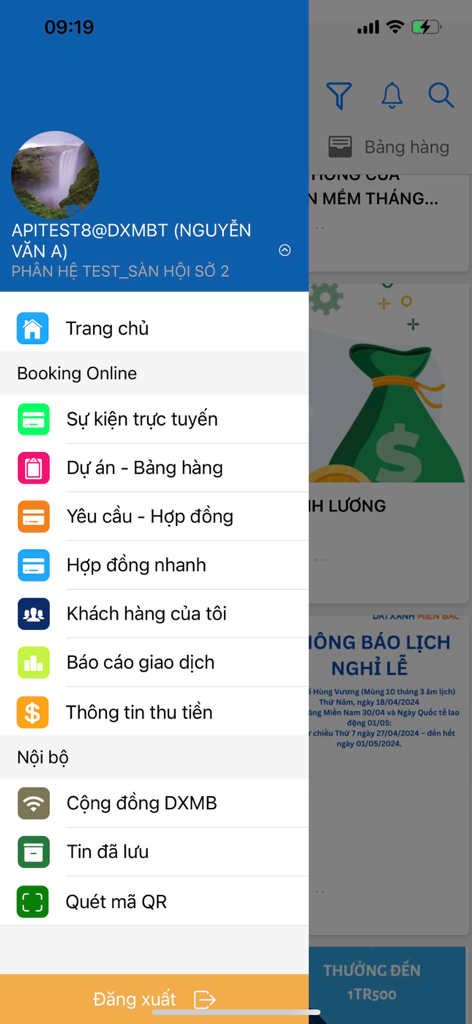 Side navigation menu of the Dat Xanh Mien Bac real estate app featuring broker and management tools.