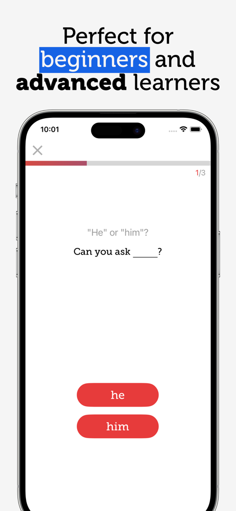 Grammo - Learn English Grammar - A mobile screen showing a multiple choice English grammar exercise about pronouns for beginners and advanced learners