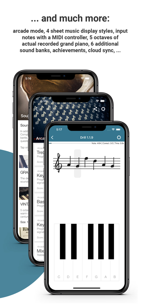 Complete Music Reading Trainer - Interface of Complete Music Reading Trainer showing sheet music drills and piano keyboard