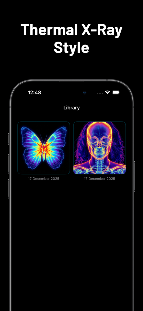 X-Ray Camera - Librería de la app Cámara Rayos X con una mariposa y un cráneo humano con filtros de mapa de calor térmico