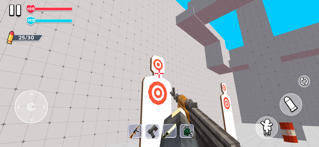 First person view of a blocky FPS game training room with shooting targets and voxel weapons