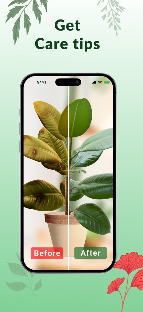 Plant Identification－Plantaria - Un smartphone mostrando la interfaz de la aplicación Plantaria con una comparación antes y después de una planta restaurada a la salud a través de consejos de cuidado