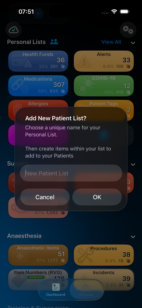 Somnus - Somnus medical app interface showing a pop up window to create a custom patient list