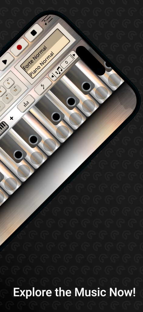 Flute Sim - Un primer plano de la interfaz de la aplicación Flute Sim que muestra una flauta metálica virtual y controles de música.