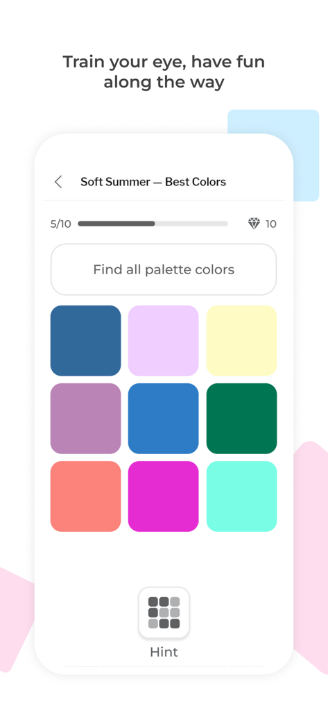 A color memory game in the My Best Colors app to train users on their Soft Summer palette