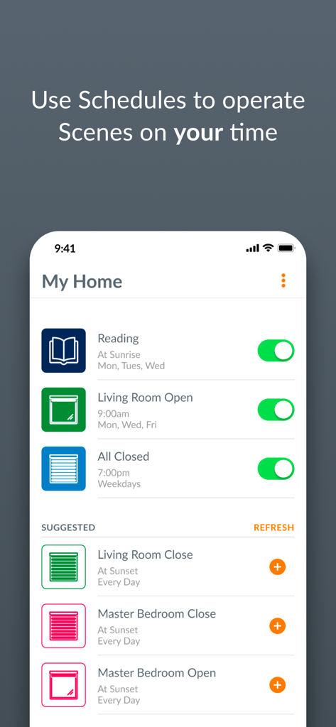 PowerView - PowerView app screen showing automated schedules for window coverings like reading and living room open