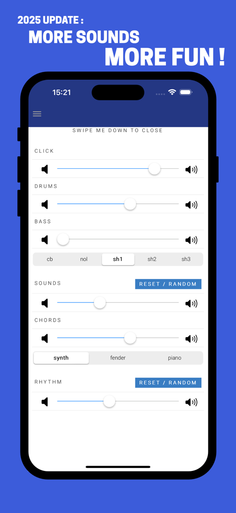 pttrN for drummers - Interfaz de la aplicación pttrN para bateristas mostrando controles deslizantes de volumen ajustables para clic, batería, bajo y ritmo.