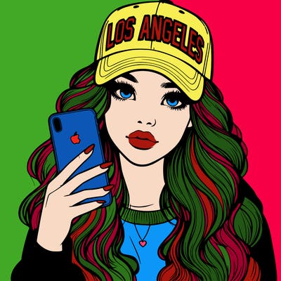 realistic beautiful girl wearing los ángeles cap holding an iphone