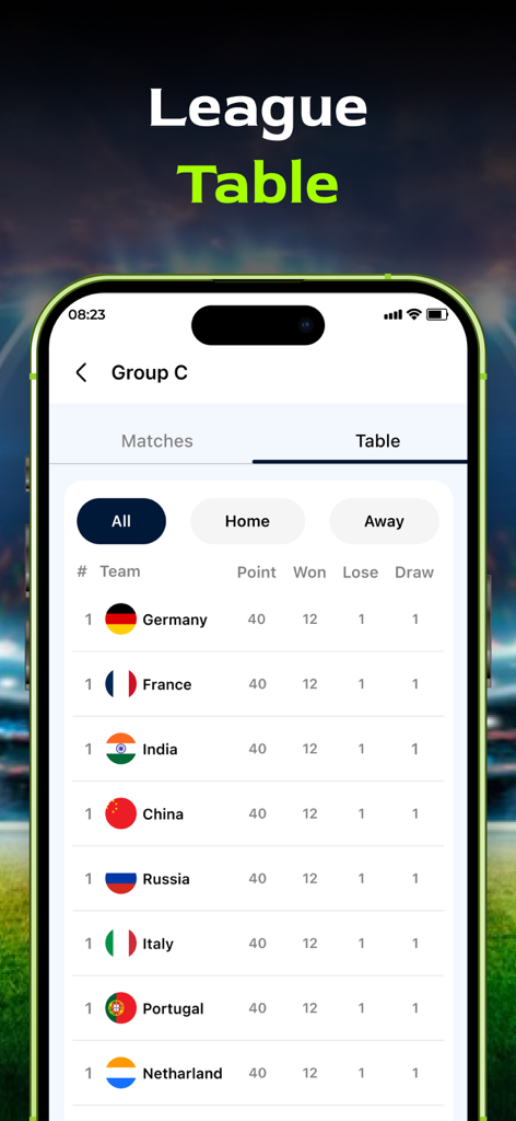Live Football Score: Soccer TV - Live Football Score app showing international soccer league table standings