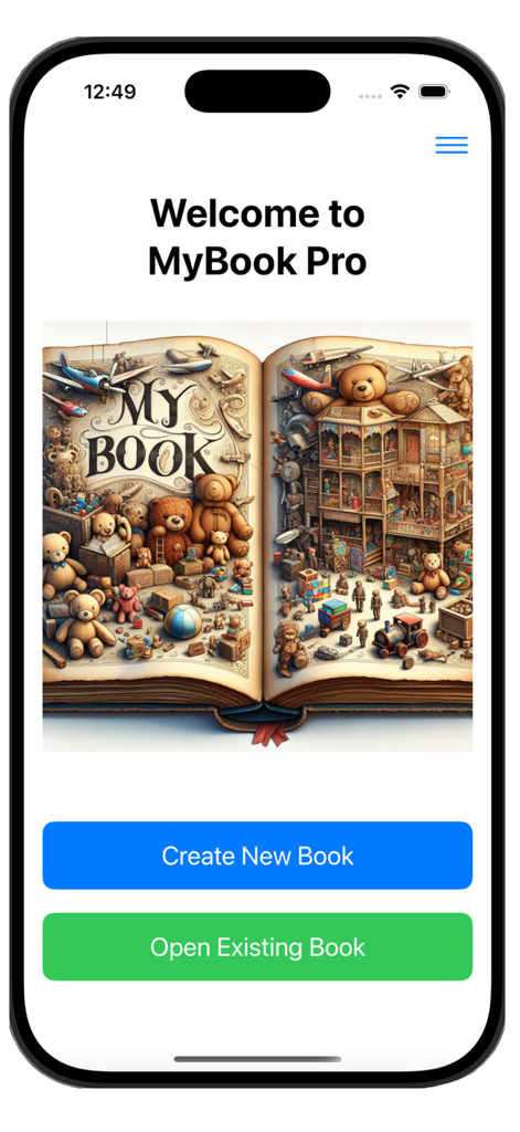 My Book Pro - Welcome screen of the My Book Pro app with options to create a new digital book or open an existing one