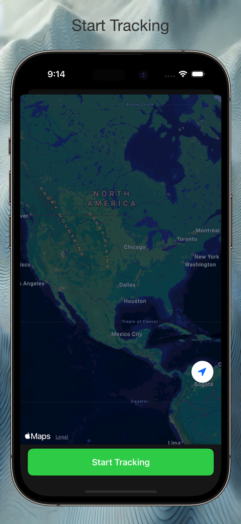 Geo Tracker: GPS Tracking - Geo Tracker App-Oberfläche, die eine Satellitenkarte von Nordamerika mit einer großen grünen Schaltfläche "Tracking starten" anzeigt