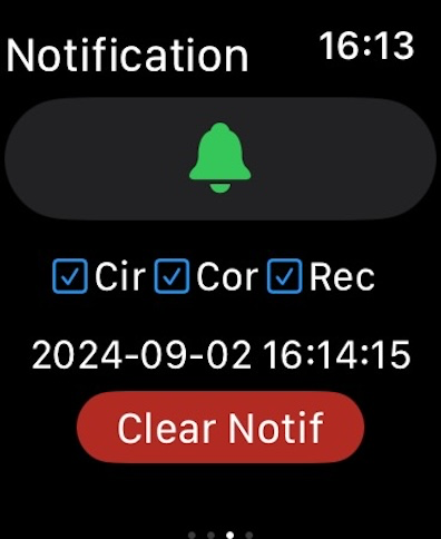 Color Watch Memo - Color Watch Memo notification interface on Apple Watch showing a green bell icon, complication selection checkboxes, and a clear notification button.