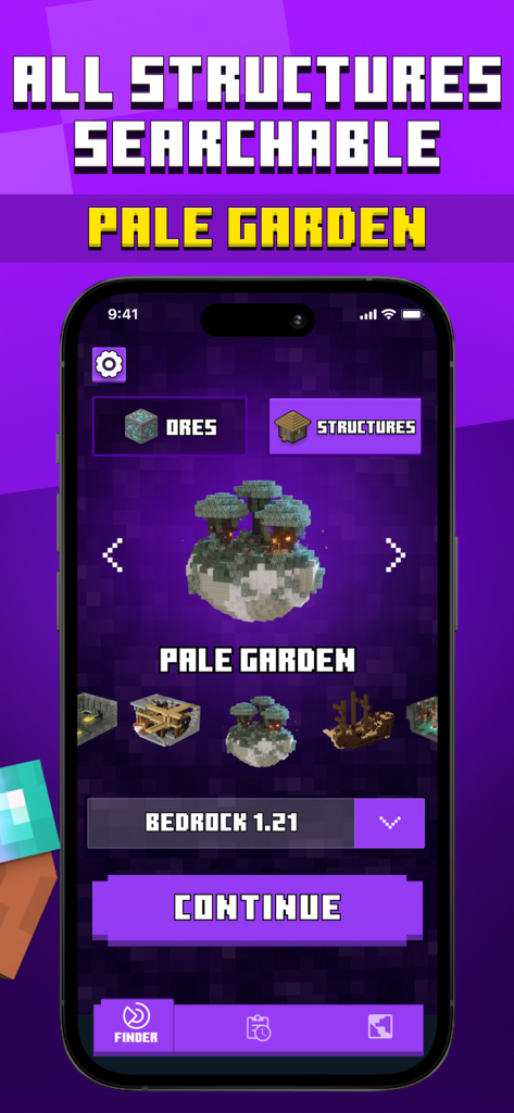Diamond Finder for Minecraft + - Diamond Finder for Minecraft app interface showing searchable structures including the Pale Garden