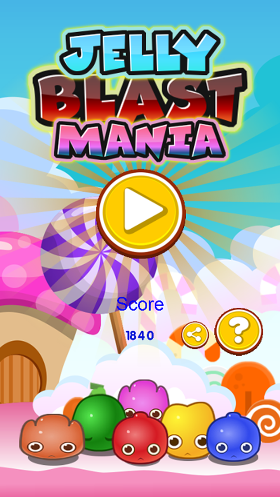 Menú principal del juego móvil Jelly Blast Mania con coloridos personajes de gelatina y un gran botón de jugar