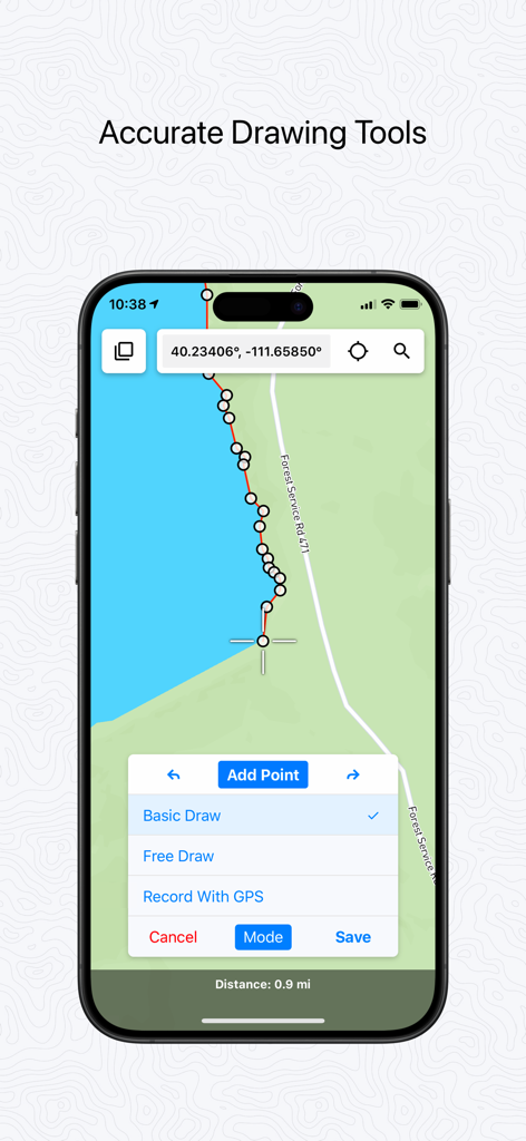 Touch GIS App-Oberfläche, die präzise Zeichenwerkzeuge und GPS-Datenerfassung auf einer mobilen Karte zeigt