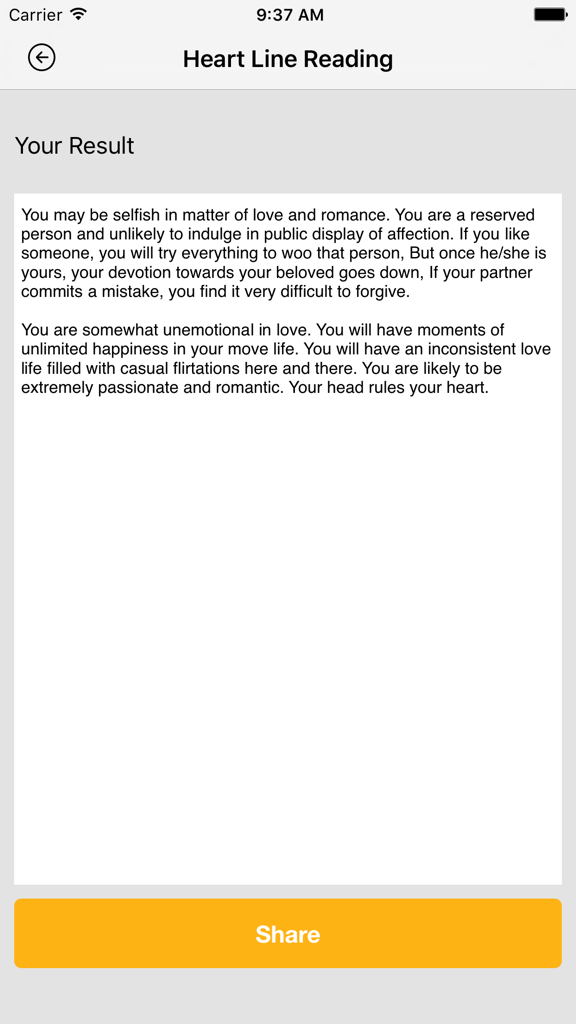 Palm Reader - Scan Your Future - Heart line reading result screen showing a personality analysis text about love and a share button