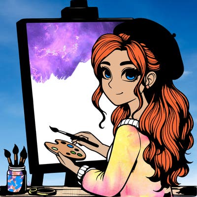 realistic girl artist painting a blank canvas