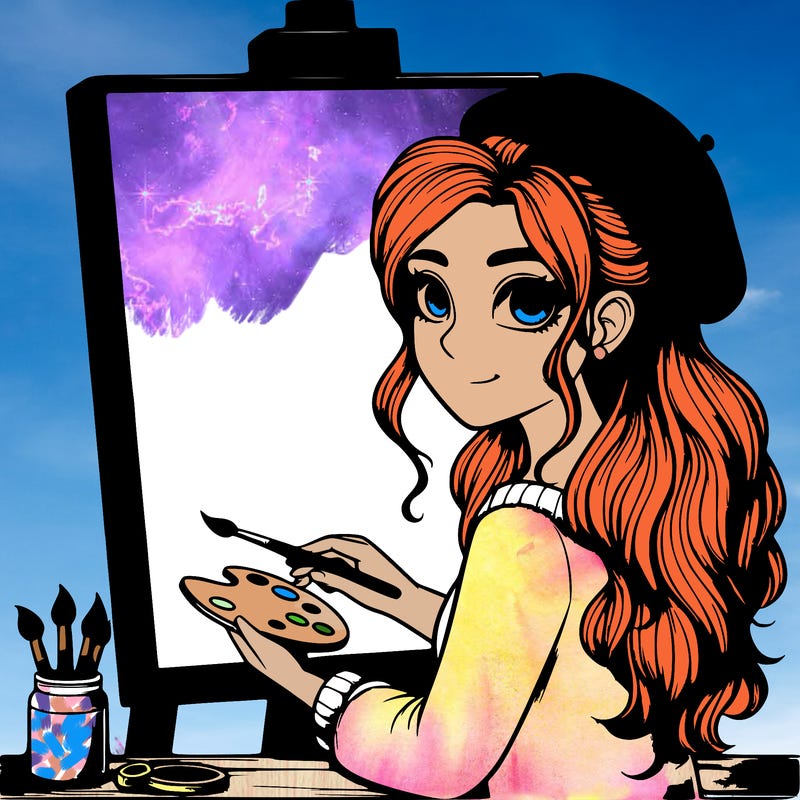 realistic girl artist painting a blank canvas