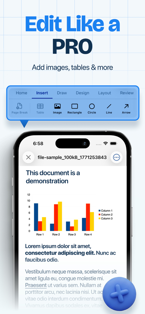 A mobile document editor displaying an insert menu for tables and images on an iPhone screen