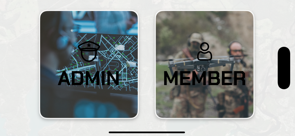 Tetra app login screen showing selection options for Admin and Member roles with tactical command and drone operator background images.