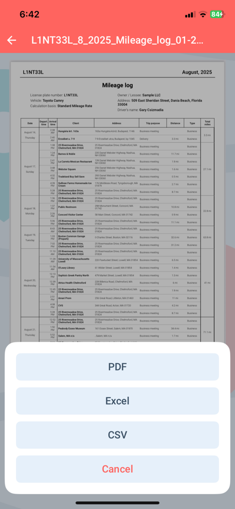 Mobile app screen showing export options for a business mileage log in PDF Excel and CSV formats