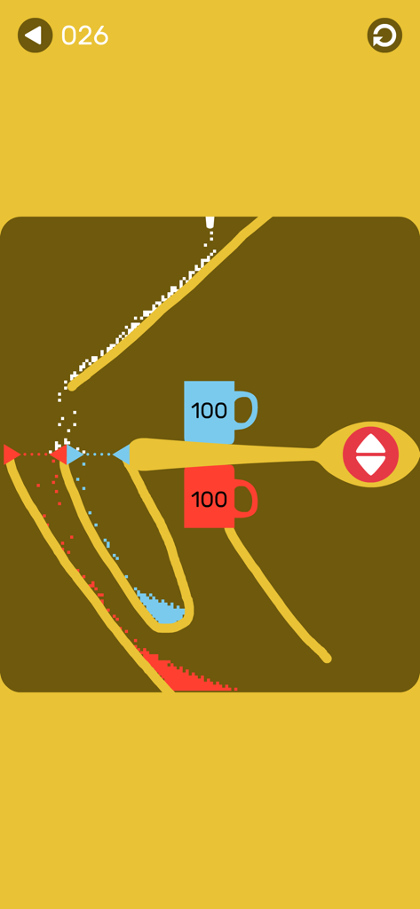 sugar (game) - Minimalist physics puzzle gameplay showing white sugar particles being directed into blue and red mugs by drawing lines