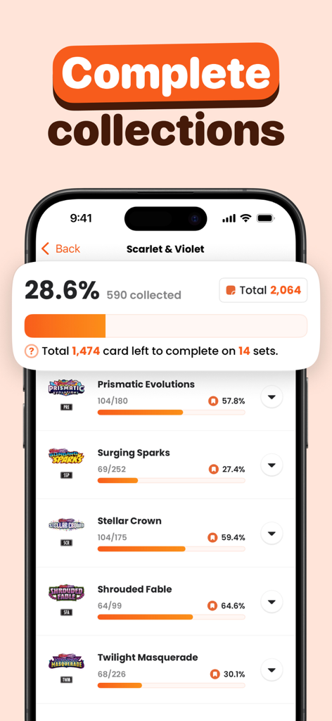 Acorn TCG Card Value Scanner - Acorn TCG app interface showing progress bars for tracking various Pokemon card set collections