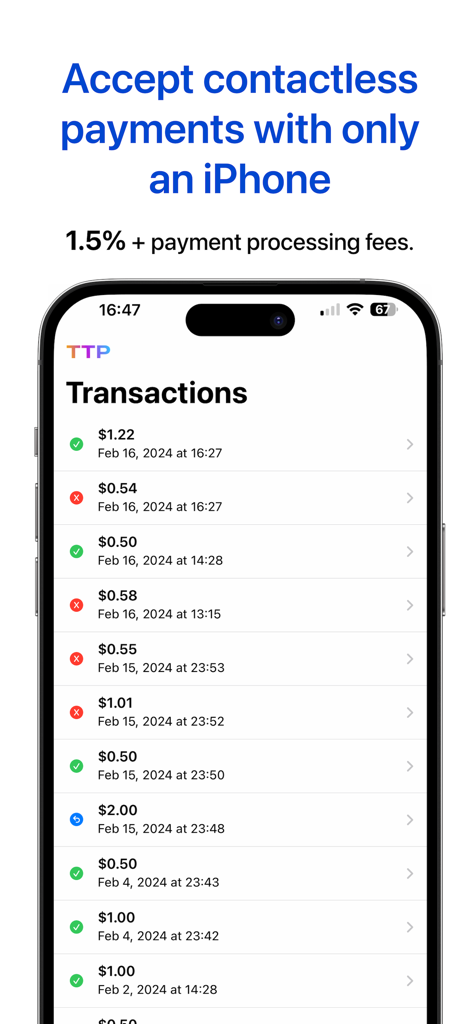Tap to Pay + Contactless + POS - 완료 및 실패한 무선 결제를 보여주는 iPhone 화면의 거래 내역 목록