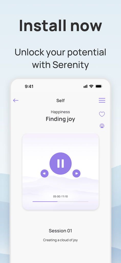 Interfaccia del lettore di meditazione guidata sull'app Serenity che mostra una sessione per trovare la gioia