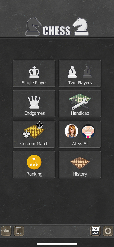 Chess Origins - 2 Players - Main menu screen of the Chess Origins app showing game mode options like single player, two players, and endgames.