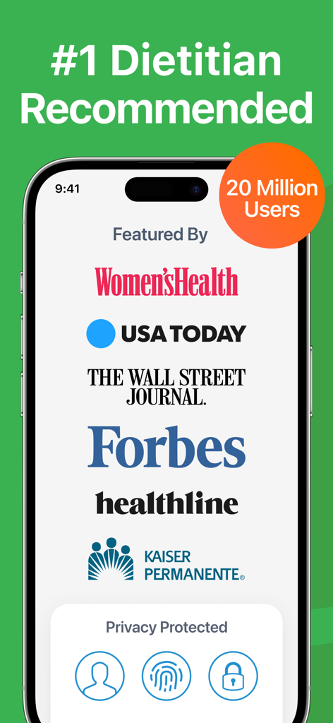 Calorie Counter PRO MyNetDiary - Calorie Counter PRO MyNetDiary screenshot highlighting dietitian recommendations and media features from Forbes and The Wall Street Journal