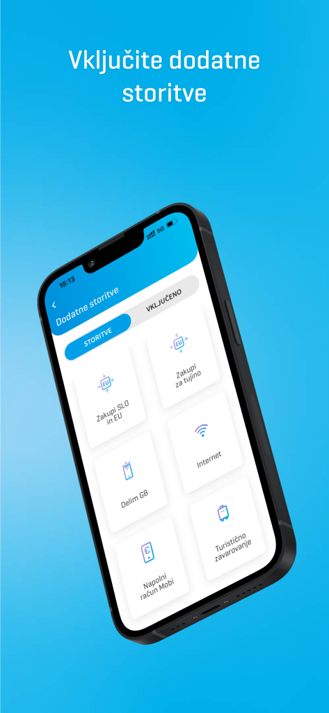 Moj Telekom app screenshot displaying a menu of additional services including data packages and travel insurance