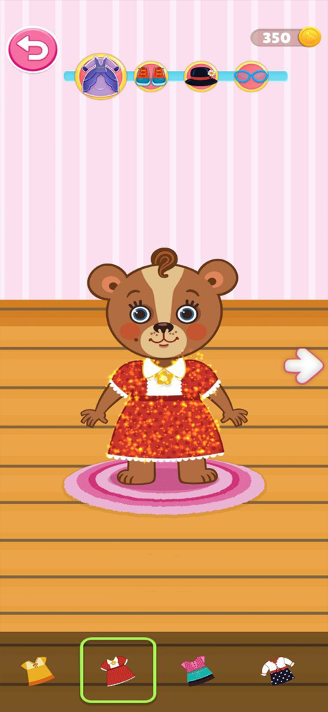A cute cartoon bear wearing a sparkling red glitter dress in a dress-up game interface