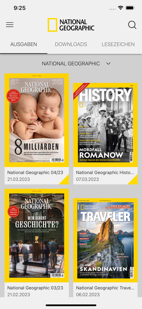 National Geographic DE - Interface of the National Geographic DE app displaying available magazine issues