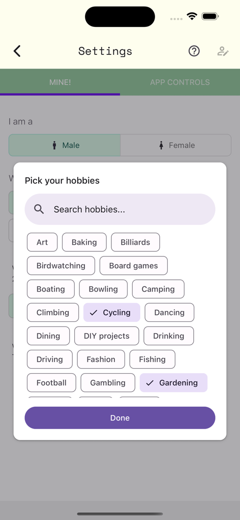 Weather Malta - Un menú emergente en la aplicación El Tiempo Malta que muestra una lista de pasatiempos para seleccionar, como ciclismo y jardinería.