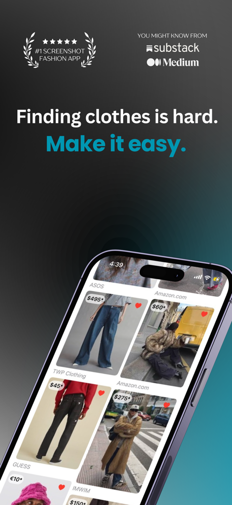StyleScanner: Find Clothes - An iPhone displaying the StyleScanner app interface with a curated collection of clothing items and prices from different retailers.