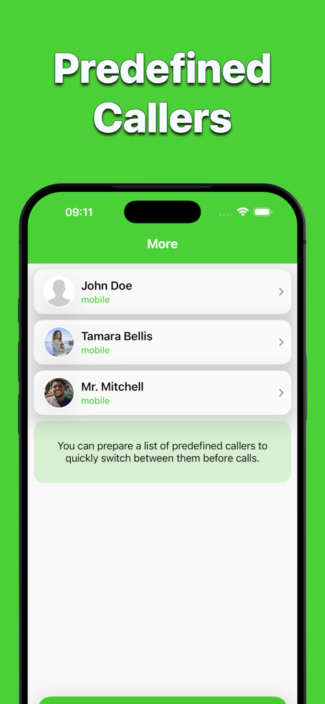A screen in the Faker 3 app displaying a list of predefined caller profiles like John Doe and Tamara Bellis.