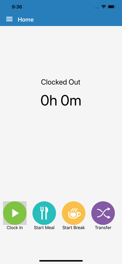 stratustime - The home screen of the stratustime app showing options for clock in meal break and transfer