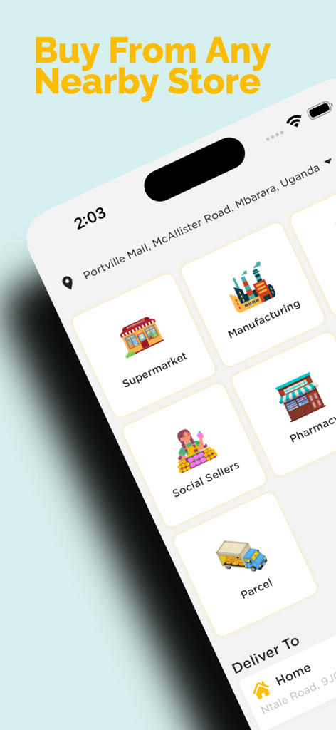 Sibo App - Sibo 모바일 앱 인터페이스는 슈퍼마켓, 제조업체, 소셜 판매자, 약국을 포함한 주변 쇼핑 카테고리를 보여줍니다.