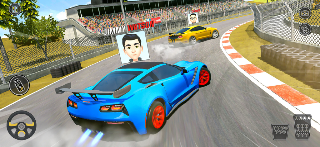 Extreme Car Racing: Stunt Game - Supercarro azul derrapando em um circuito de corrida competitivo com avatares de jogadores