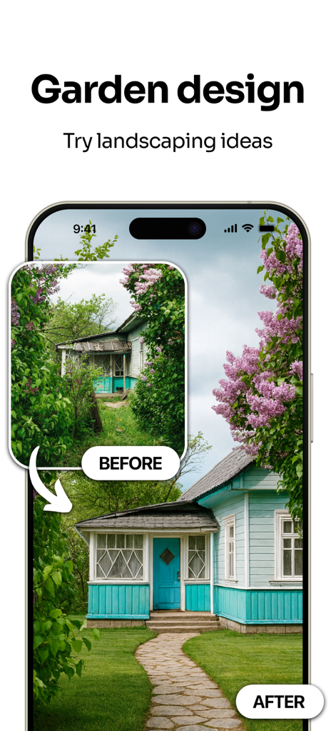 Homeai Reroom Ai Decor Spacely - Before and after comparison of a garden landscaping transformation using AI showing a renovated house and clean lawn.