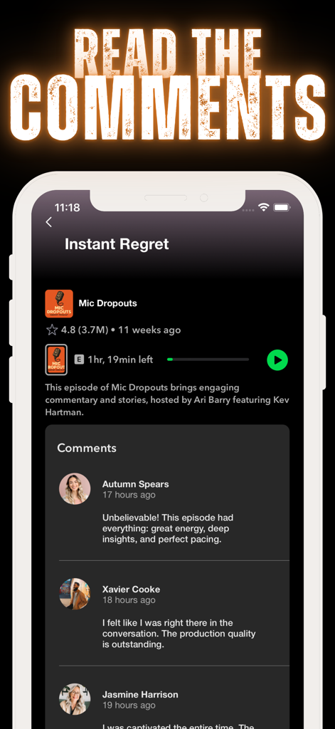 A screenshot showing listener comments and feedback for a podcast episode in Life Simulator Podcast Star.
