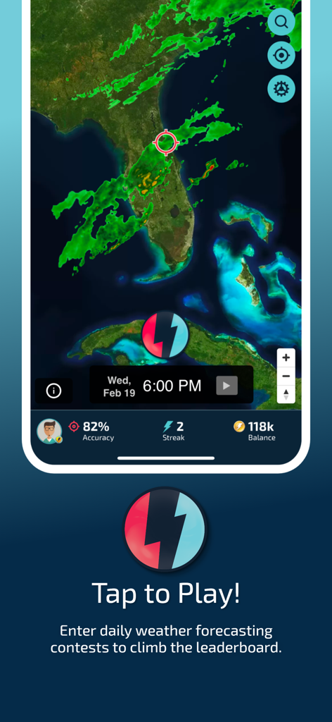 Weather Champs app interface showing a live radar map and a call to play forecasting contests