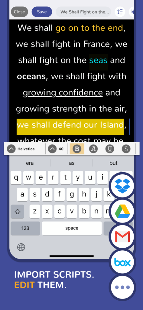 Teleprompter Easy Prof Hornet - Teleprompter app script editor showing text formatting and cloud import integrations like Google Drive and Dropbox