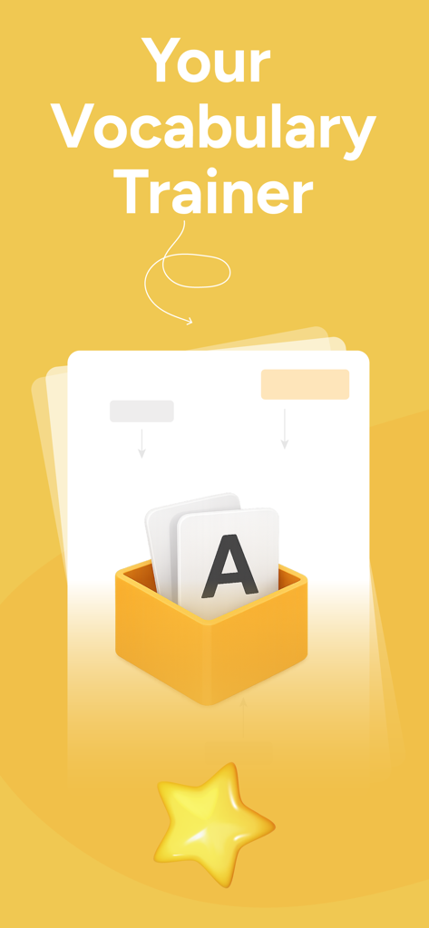 Vocabulary Builder Learn words - Interfaz amarilla de la aplicación de entrenamiento de vocabulario que muestra una caja de tarjetas y un icono de estrella