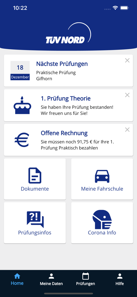 Fahrschüler-App - Home screen of the Fahrschueler-App by TUV NORD showing driving test status and navigation menu