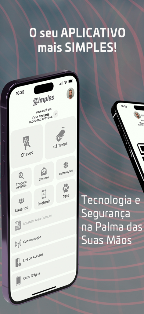 Simples Acesso - Simples Acesso mobile app interface on an iPhone displaying features for security, camera monitoring, and digital key management.